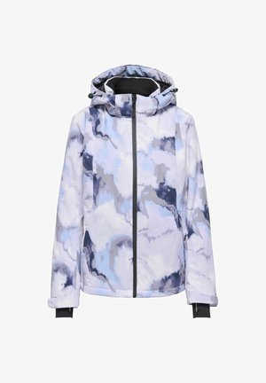 Dame vinterjakke med hætte i lys blå, hvid og grå sky-lignende mønster, frontlynlås og justerbare hættebånd.
