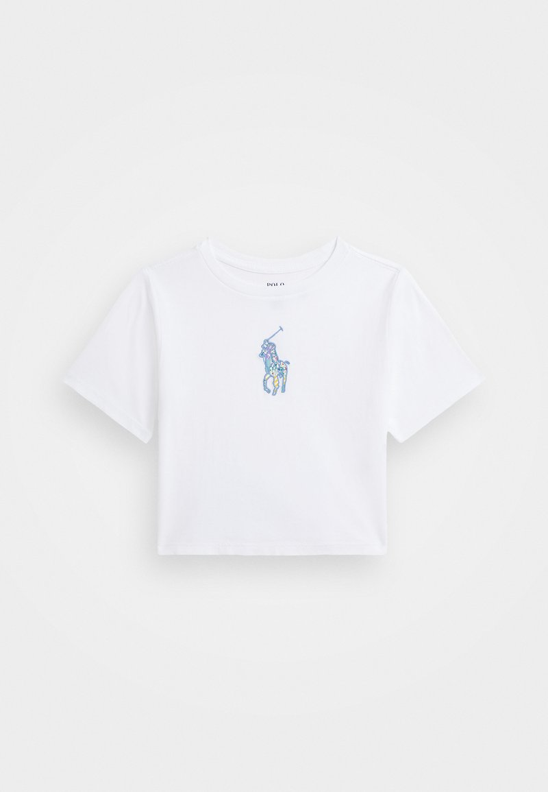Korte hvite bomull T-skjorte med korte ermer, med et brodert flerfarget polo-spillerlogo på brystet. Kuttet design.