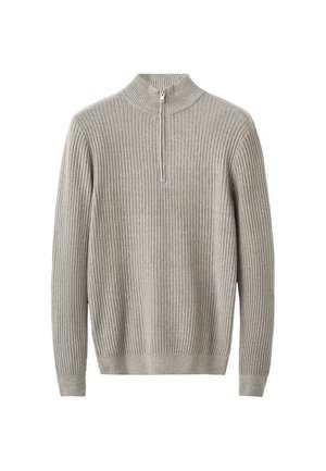 Pulover din tricot cu rosturi, de culoare gri deschis, cu guler înalt și închidere cu fermoar scurt. Mâneci lungi și material texturat creează un aspect bine definit.