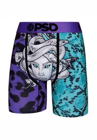 Herren-Boxershorts mit lila und blauem Schlangenledermuster und einer Medusenhaupt-Grafik mit Schlangen auf der Vorderseite, lila Bund mit PSD-Logo.