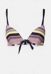 Top de bikini triangular multicolorido com um padrão ondulado, apresentando tons de verde, rosa, amarelo e azul-marinho. Ata-se na frente com alças ajustáveis.