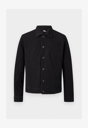 Schwarze Jeansjacke mit langen Ärmeln, Knopfleiste vorne und spitzem Kragen, vor einfachem hellem Hintergrund dargestellt.