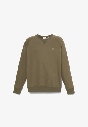 Olivově zelená mikina se raglánovými rukávy, kulatým výstřihem, žebrovanými manžetami a lemem, s malým logem na hrudi. Vyrobena z měkkého materiálu.