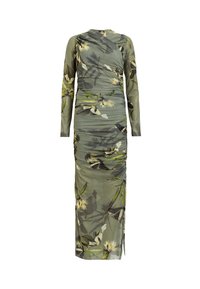 Vestito a maniche lunghe, arricciato in verde oliva con stampe floreali. Presenta un tessuto leggero e testurizzato e una fessura laterale per facilitare i movimenti.