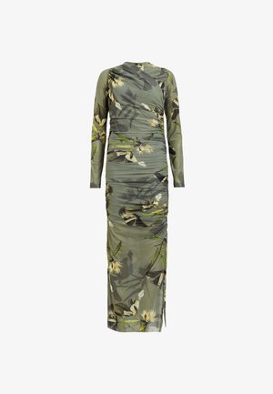 Hosszú ujjú, ráncolt ruha olíva zöld színben virágmintákkal. Textúrált, könnyű anyagból készült, és oldalsó résnyílással rendelkezik a szabad mozgás érdekében.