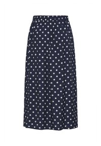 Jupe midi bleu marine à pois blancs, taille élastique, coupe ample et droite, présentée sur fond blanc uni.