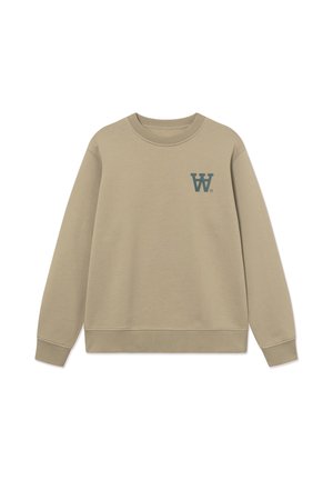 Felpa beige a maniche lunghe con girocollo, polsini e orlo a costine, con un piccolo logo verde scuro sul petto in alto a sinistra.