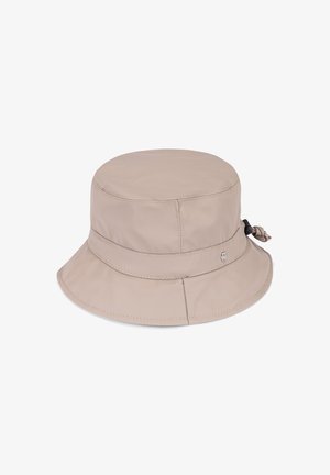 Beige waterproof bucket hat with a wide brim, adjustable strap, stitched detailing, and a small logo accent on the side.