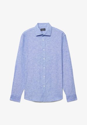 Hellblaues Langarmhemd mit regulärer Passform, ausgestelltem Kragen und dezent strukturierter Stoffqualität.