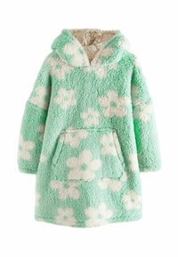 Menta zöld színű fleece kapucnis pulóver, fehér virágmintával, oversized fazonban, elülső zsebbel és puha, texturált anyagból készült.