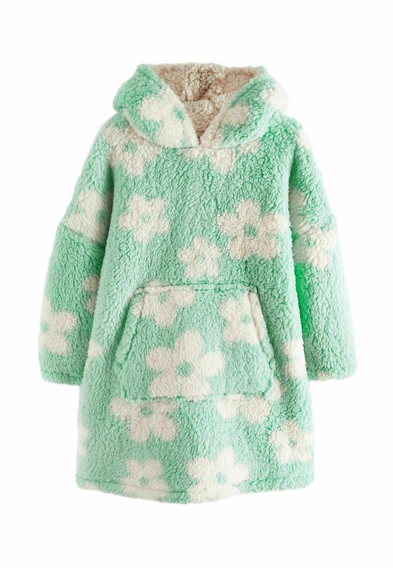 Fleece-Hoodie in Mintgrün mit weißem Blumenmuster, oversize geschnitten, mit Fronttasche und weichem, strukturiertem Material.