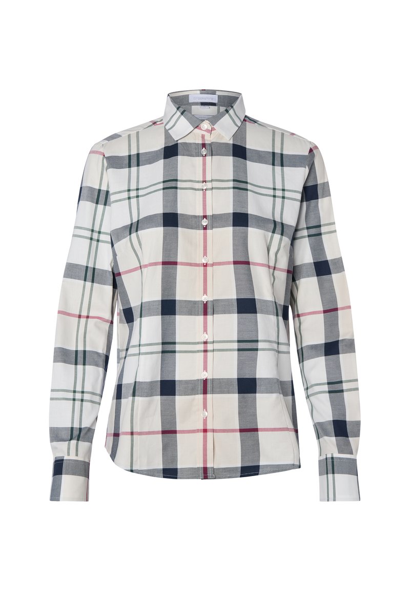 Button-up shirt in a cotton blend, featuring a multicolored plaid pattern with navy, green, and red accents on a light background. Long sleeves.