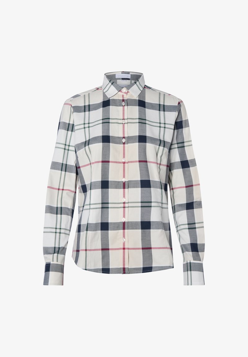 Button-up shirt in a cotton blend, featuring a multicolored plaid pattern with navy, green, and red accents on a light background. Long sleeves.