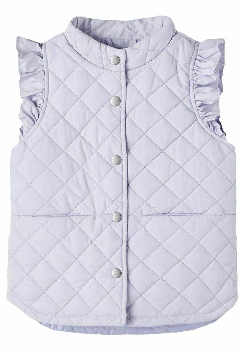 Gilet sans manches en quilté de couleur violet clair avec des emmanchures à volants et des boutons-pression en argent sur le devant, conçu pour un enfant.
