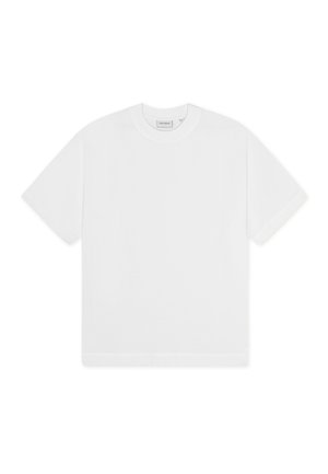 T-shirt blanc en coton avec un col rond, des manches courtes et une coupe décontractée. Texture lisse, design minimaliste, sans motifs ni accents visibles.