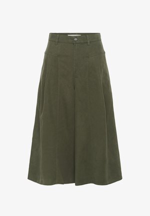 Olivenfarbene Culottes mit hohem Bund; verfügen über einen Knopfverschluss, zwei Fronttaschen und einen weiten, ausgestellten Saum. Hergestellt aus weichem Stoff.