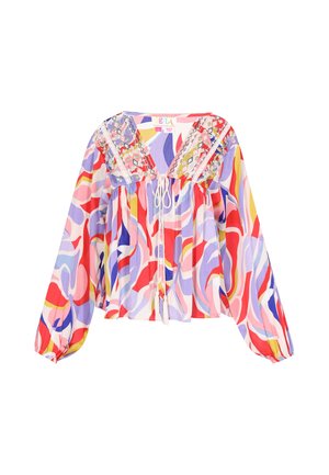 Kleurrijke blouse met lange mouwen met abstracte rode, paarse, roze, gele en witte patronen, kanten details op de borst en een striksluiting aan de voorkant.