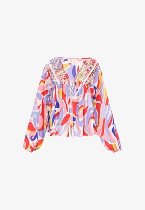 Bunte langärmelige Bluse mit abstrakten roten, violetten, rosa, gelben und weißen Mustern, Spitzendetails auf der Brust und einem vorderen Binderverschluss.