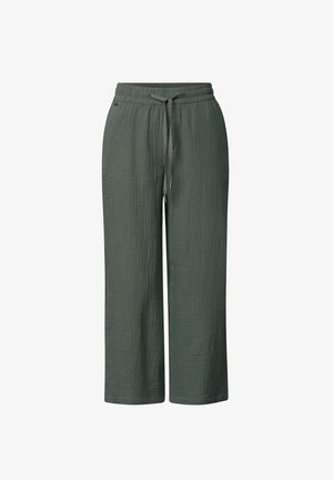 Dunkelgrüne, strukturierte Hosen mit weitem Bein, elastischem Bund und verstellbarem Kordelzug vorne.