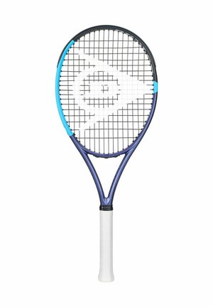 Racchetta da tennis con impugnatura bianca, telaio blu scuro e corde nere con un logo geometrico bianco al centro della testa.