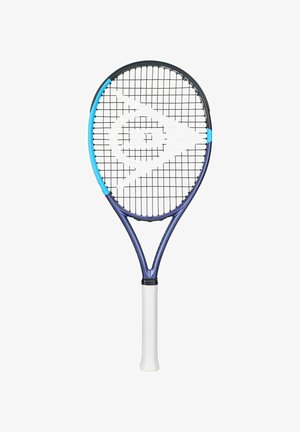 Tennisschläger mit weißem Griff, dunkelblauem Rahmen und schwarzen Saiten mit weißem geometrischem Logo in der Mitte des Schlägerkopfs.