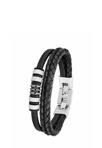 Bracciale in pelle nera con texture intrecciata, dettagli metallici e una chiusura argentata con dettagli rettangolari.