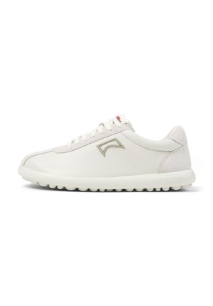 White leather sneakers with a light gray suede accent, featuring a rounded toe, lace-up design, and textured rubber sole.