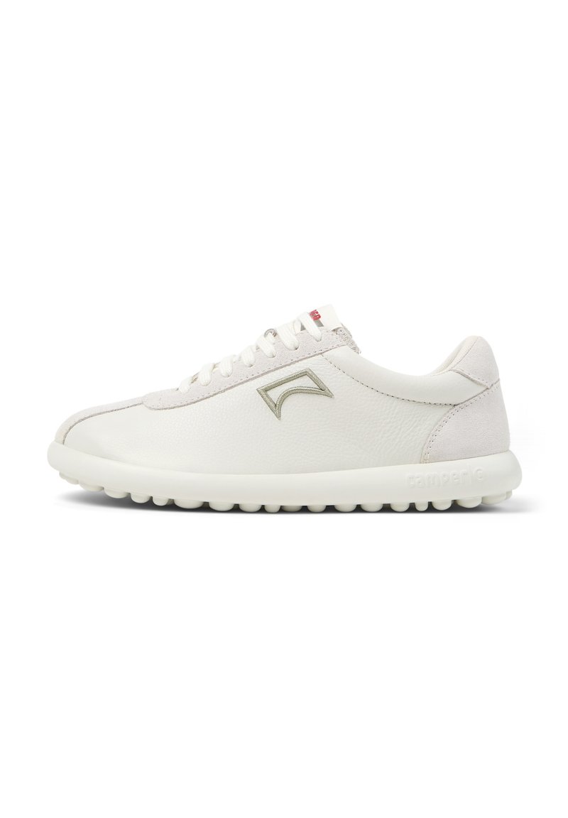White leather sneakers with a light gray suede accent, featuring a rounded toe, lace-up design, and textured rubber sole.