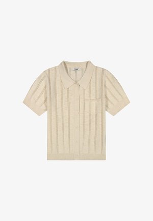 Beige short-sleeve knit cardigan with vertical stripe pattern, button front, collar, and small pocket on the left chest.