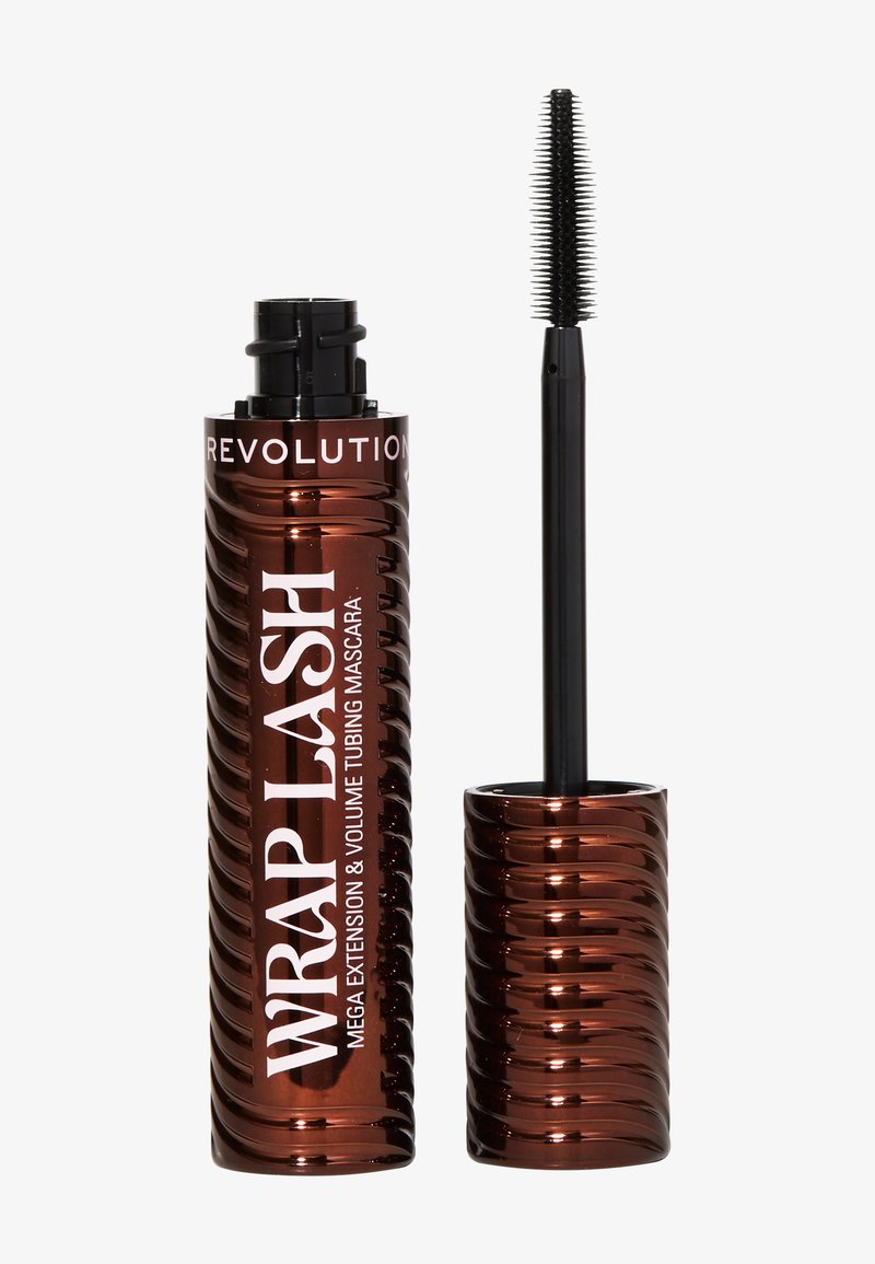 Brun metallisk mascara-tub med ribbad textur, med vit text "WRAP LASH" och en svart mascaraborste med korta borst.