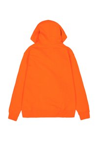 Sudadera naranja con capucha ajustable y puños acanalados. La tela parece suave y lisa, sin patrones ni acentos visibles.