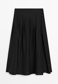 Black A-line midi skirt with pleats and side zipper, made from smooth fabric, displayed on a white background.