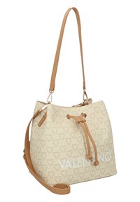 Beige bøtteveske med brune skinnaccentar, snørelukking og VALENTINO-logo. Inneholder flere stroppalternativer for allsidighet.