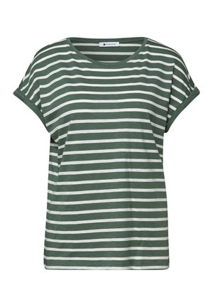 T-shirt à manches courtes rayé horizontalement vert et blanc avec poignets retroussés et encolure ronde.