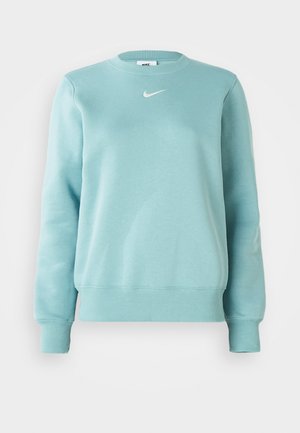 Light blue sweatshirt with ribbed cuffs and hem, round neck, and a small white logo on the chest. Made from soft fabric.