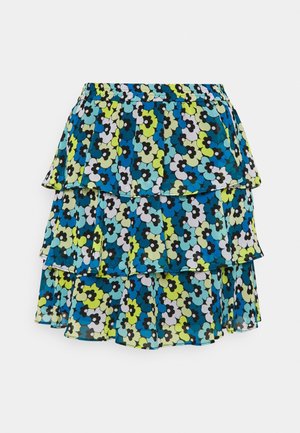 Lagdelte nederdel med elastisk talje og blomsterprint i blå, grønne, hvide og sorte farver på letvægtsstof.