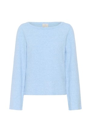 Gaiši zils garām piedurknēm džemperis no mīksta auduma. Raksturo apaļu apkakli un brīvu piegriezumu. Nav redzamu rakstu vai rotājumu.