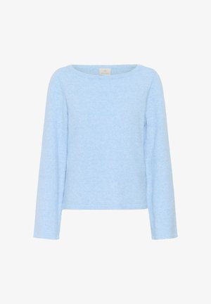 Gaiši zils garām piedurknēm džemperis no mīksta auduma. Raksturo apaļu apkakli un brīvu piegriezumu. Nav redzamu rakstu vai rotājumu.