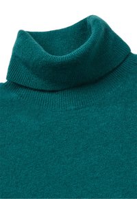 Türkiser Rollkragenpullover mit gerippter Textur und dickem Rollkragen, hergestellt aus weichem Strickmaterial. Detailliertes Muster zieht sich über den gesamten Pullover.