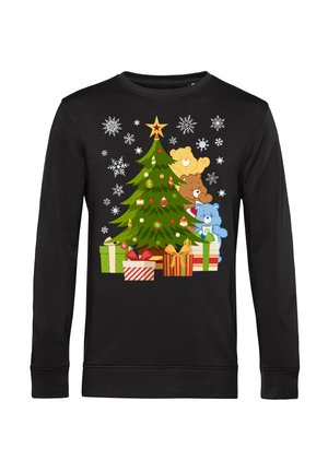 Black long-sleeve sweatshirt featuring a graphic of a Christmas tree adorned with ornaments, three teddy bears, and colorful wrapped gifts at the base.