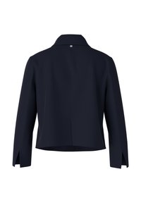 Navy blue jacket with a collared neckline, long sleeves, and side slits. Smooth, textured fabric with a back button accent.