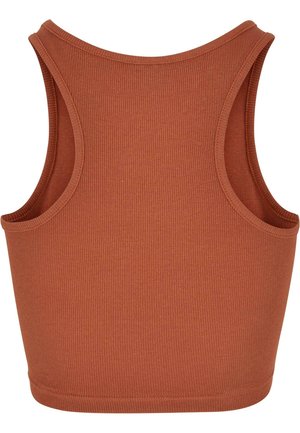 Débardeur de sport orange côtelé avec un col montant, de larges ouvertures pour les bras et une coupe ajustée. La texture du tissu est douce et extensible.