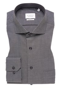 Grau gewobenes Hemd, ordentlich gefaltet, mit modernem Schnitt, Button-Down-Kragen und schwarzen Knöpfen. Mit einem Detail an der Manschette mit einem Knopf.