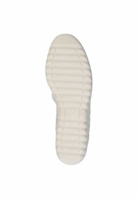 Suela de zapatilla blanca texturizada con patrones de tracción distintos y detalle de logo, con forma curva y bordes suaves para mayor comodidad.