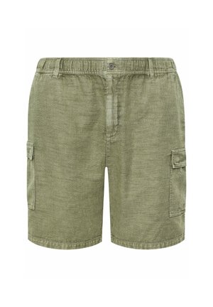 Oliijfgroene cargoshorts tot op de knie met elastische tailleband, knoopsluiting, riemlussen en klepzakken aan beide zijden.