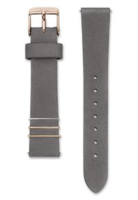 Cinturino per orologio in pelle grigia con fibbia in rosé, tre barre di accento metallico (argento, oro e oro intrecciato) e numerosi fori di regolazione.