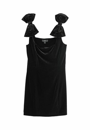 Mustmust kleit laiade rihmade ja suurte lipsudega. Sile tekstuur, keha lähedane disain ja voolav esiosa.