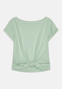 T-shirt vert menthe à manches courtes, avec une coupe décontractée et un détail noué à l'ourlet. Fabriqué en tissu doux et lisse avec un col rond.