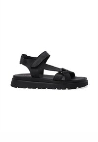 Schwarze Sandalen mit einem strukturierten Lederoberteil, ausgestattet mit verstellbaren Riemen und einer dicken, gepolsterten Sohle für Komfort und Unterstützung.