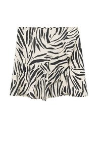 Gonna a stampa zebrica in bianco e nero con design avvolgente, orlo svasato e tessuto leggero. Presenta dettagli arricciati e due tasche laterali.